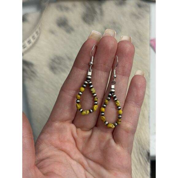Native American Sterling Silver Navajo Pearl Palomino Turquoise Hoops Earrings